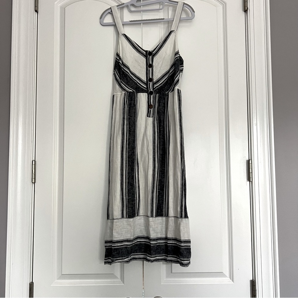 Universal Thread Charcoal White Stripe Linen Blend 100% Cotton Line Midi Dress S